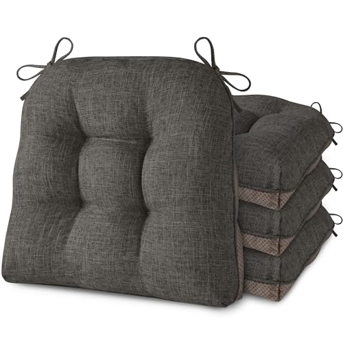 Image of AddGrace Chair Cushions for Dining Chairs Set of 4 Kitchen Seat Cushions with Ties and Non Slip Backing Tufted Indoor Seat Pad for Kitchen Dining Room 18 inch x 17 inch x 3 inch Dark Grey