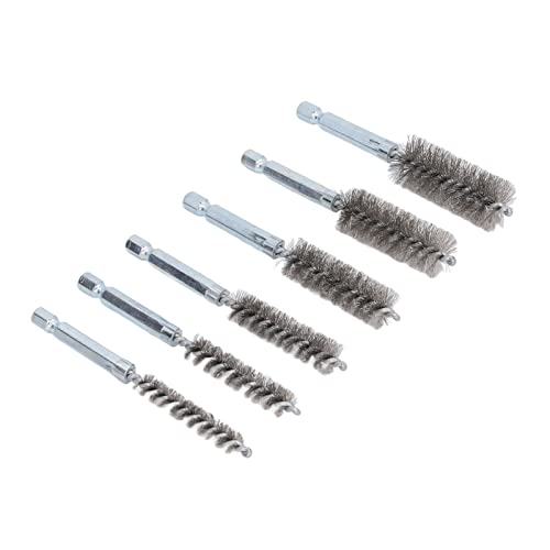 Image of 6-Piece Bore Cleaning Brush Set With 1 /4in Hex Shank for Electric Drill Impact Driver (Steel Wire, Silver)