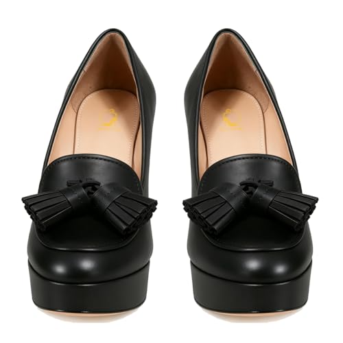 Image of SHODENSE Women Vintage Chunky Platform Loafers Pumps Tassel Round Closed Toe Slip On Suede Block High Heel Dress Loafer Shoes Buckle Strap Oxford Loafers Fringe Pump Dressy Chic Sexy Y2k 4-11 M US