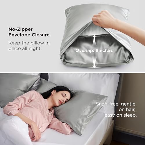 Image of Bedsure Satin Pillowcase, Similar to Silk Pillow Cases Queen Size Set of 2, Cooling Pillow Case Covers with Envelope Closure, Room Decor Gifts for Women Men, Silver Grey, 20x30 Inches, 2pcs