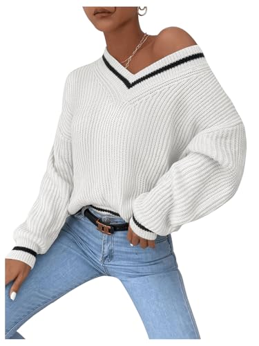 OYOANGLE Women's Ribbed Knit Preppy Sweater Long Sleeve V Neck Drop Shoulder Top4