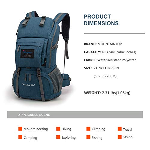 Mountaintop 40L Hiking Backpack For Women & Men Outdoor Travel Camping Day Pack With Rain Cover, 21.7 X 13 X 7.9 In, Smokeblue #TOP1