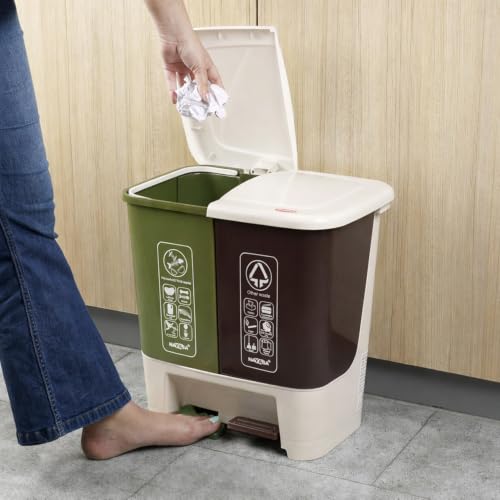 Image of Nayasa 2 in 1 Pedal Dustbin Bold - 25 L (12.5 L Each) | Twin Compartment Wet & Dry Waste Bin | Durable Plastic Pedal Bin for Home, Kitchen & Bathroom | Brown & Green