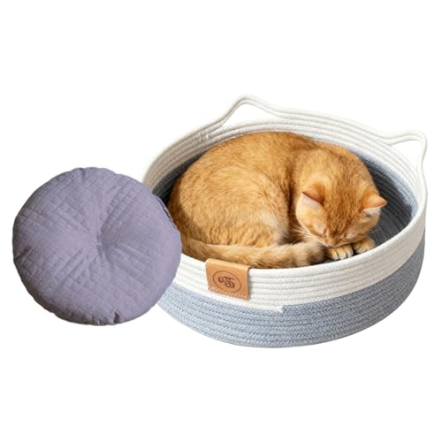 洗える猫ベッド - 綿ロープ編みネスト | 小型犬用バスケット 丸型猫用ベッド | 子猫 うさぎ 小型犬 おもちゃ おやつ 収納 寝室 リビング 寮 オールシーズン用