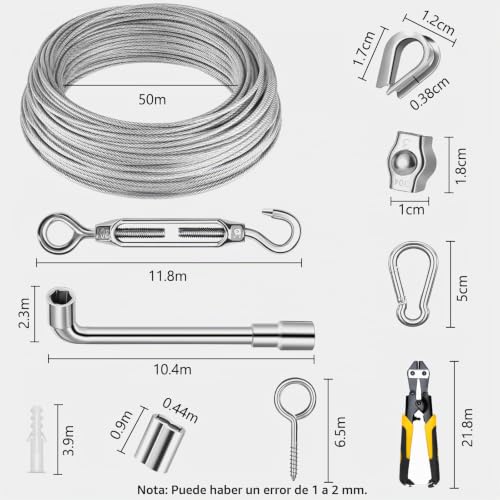 Miniatura 2 de Cianbifn 50m Cable Acero 2mm, 81pcs Cable De Acero Inoxidable 304 Recubierto De Pvc Con Cortador De Alambre, Tensores De Alambre Para Colgar Luces De Cadena,Toldos, Tendedero,Soporte Planta