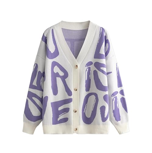 Image of Women's Knit Long Sleeve Open Front Cardigan V-Neck Button Down Letter Pattern Sweater Coat Outwear