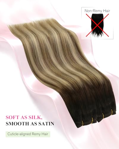 Image of YoungSee Sew in Hair Extensions Real Human Hair Ombre Hair Extensions Weft Dark Brown Roots to Medium Brown with Blonde Balayage Soft Hair Extension Sew in for Full Head 100G 18Inch