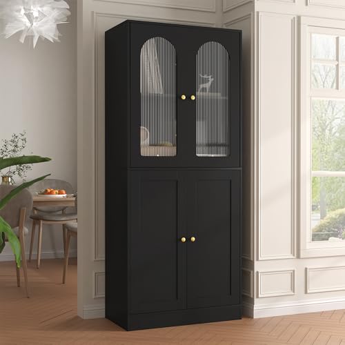 71-Tall-Kitchen-Pantry-Cabinet-Kitchen-Storage-Cabinet-with-Glass-Doors-and-Adjustable-Shelves-Wood-Food-Pantry-Cabinet-Freestanding-Cupboard-for-Kitchen-Dining-Room-Black 71 Tall Kitchen Pantry Cabinet Kitchen Storage Cabinet with Glass Doors and Adjustable Shelves Wood Food Pantry Cabinet Freestanding Cupboard for Kitchen Dining Room Black