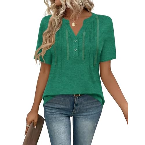Rapbin Short Sleeve Shirts for Women Pleated V Neck Lace Blouses Dressy Casual Elegant Tops Loose peasant Summer T-Shirts