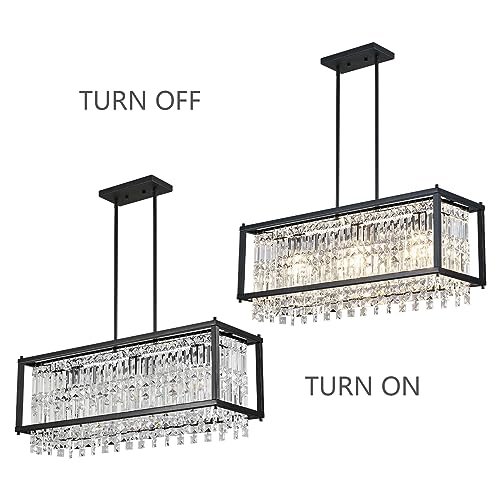 Image of LMQNINE Modern Rectangle Chandelier for Dining Room, Black Crystal Chandelier Linear Light Fixture, Farmhouse Chandeliers for Kitchen Island, Bar Table, L30.7'' x W9.84'' x H8.66''