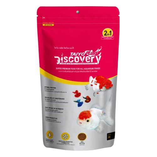 Taiyo Pluss Discovery Pink Fish Food - 200 g (Pack of 1) | Super Premium 2-in-1 Formula with Colour Enhancers & High Protein | Mini Pellets (0.8 mm) for All Aquarium Fishes