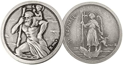 WJHSilver Tone Saint Christopher and St Raphael Pocket Prayer Token Medal, 1 1/8 Inch