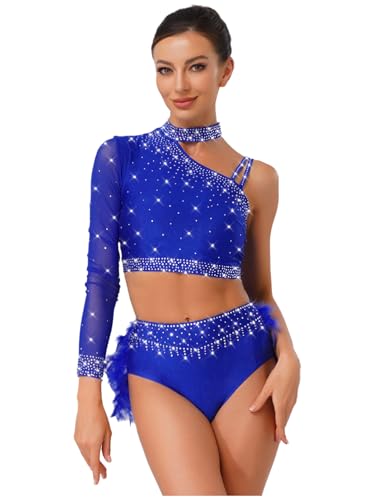 Tenue de danse lyrique pour gala et compétition haut strass et short plumes inhzoy XL bleu