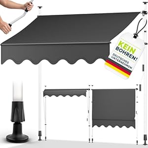 tillvex Klemmmarkise mit Handkurbel Balkon | Balkonmarkise ohne Bohren | Markise UV-beständig & höhenverstellbar | Sonnenschutz Terrasse & Garten wasserdicht (Grau, 200cm)