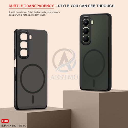 Image of AESTMO Infinix Hot 60 5G Back Cover | 360 Protection | Matte Frosted Hard Back Translucent | Compatible with MagSafe Accessories for Infinix Hot 60 5G (MagSafe Matte Hard Black Bumber)