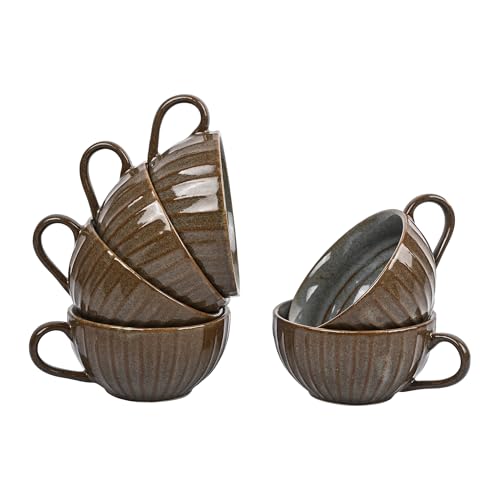 Image of Premium Grey Brown Ceramic Tea Cup Set of 6 | Handmade Stoneware Coffee & Tea Mugs | 220 ml Each | Microwave, Dishwasher Safe | Textured Design | Chai Cups for Home, Office & Gifting
