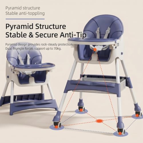 Image of 2-in-1 Convertible Baby High Chair for Feeding & Dining | Foldable High Chair with 5-Point Safety Harness, Double Removable Tray, Wide Footrest, Soft Cushion & Storage Basket | Lightweight Travel Friendly Baby Feeding Chair ( Blue Color )