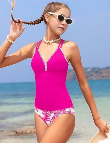Queenstyle Girls Tankini Swimsuit V Neck Crochet Edge Bathing Suit Cross Back Straps Two Piece Swimwear for 9-16 Years2