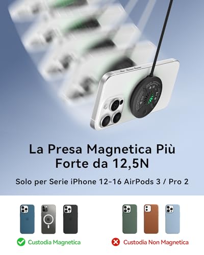 INIU Caricatore Wireless iPhone, Certificato Qi2 Caricabatterie Magnetico 15W Rapido con Raffreddamento, Ricarica Wireless Mag-Safe per iPhone 17 16 15 14 13 12 AirPods 4 3 (con Adattatore USB C 20W) - Immagine 4