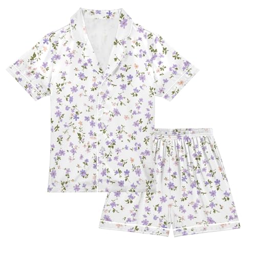 Small Purple Floral Summer Satin Pajama Set, Cute Button-Down Sleepwear Pj Set for Sleep Wears
