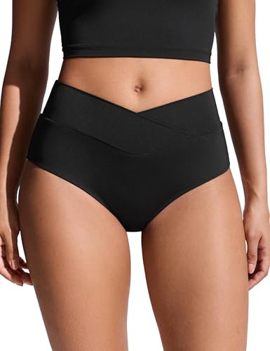 CRZ YOGA High Waisted V Cut Bikini Bottom for Women - Cross Front Bathing Swimsuit Full Coverage Swim Briefs Black Medium