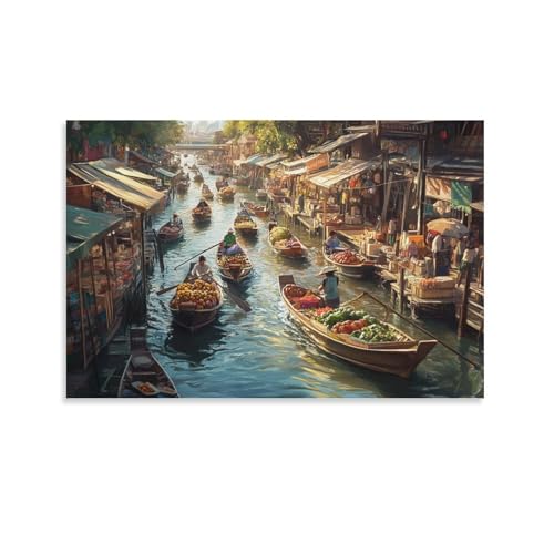ZHUICHENG Bangkok Fiume Mekong Quadro Appeso/Dipinto A Olio–Affresco Su Tela 3D Per Bagno&Ufficio. Arte Murale Impermeabile&Resistente Agli Urti, Design Moderno Su Tela 12x18inch(30x45cm)