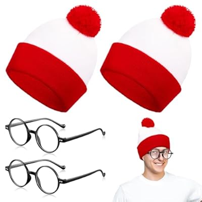 BBTO Accesorios de Carnaval Gorro con Pompón Rojo y Blanco y Gafas Redondas Retro Gafas de Nerd para Disfraz de Carnaval de Halloween Accesorios para Fiestas de Cosplay(4 Piezas) | Ya disponible en tu tienda friki favorita! En mundofriki.es!