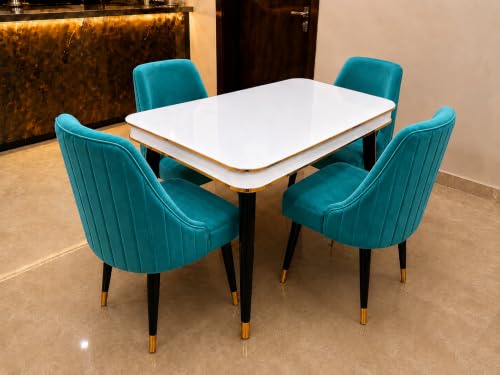 Image of WOODEN SPACE 4 Seater Wooden Dining Table Set | Urban Marble Top Dining Table with Chairs for Dining Room & Kitchen (Modern Infinity Sky Blue) (54 x 36 x 30 inch)