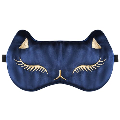 JRINYE かわいい猫シルクスリープマスク 調節可能なアイマスク スリーピングマスク アイカバー ソフトサテン 目隠し アイシェード ガールズ レディース メンズ 旅行 昼寝 - ネイビーブルー
