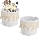 2 Stück Boho Pinselhalter Korb Geflochtene Körbchen für Schminktisch Organizer und Kosmetik mit 15-teiliger Make-up Bürsten Set Pinselhalter Kosmetik ideal für kleine Körbchen im Badezimmer Weiß
