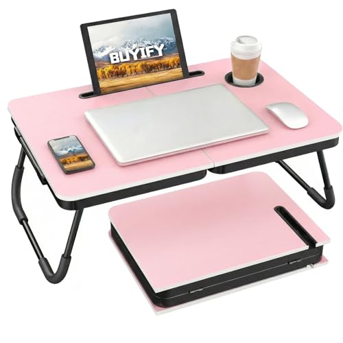 Image of BUYIFY 23.4 inch Foldable Lap Desk Bed Table with Cup Holder Portable Tray