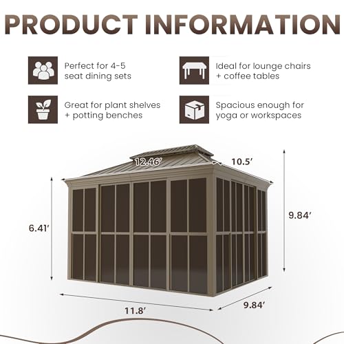 EROMMY 10' X 12' Sunroom, Hardtop Gazebo Solarium with Detachable Windows & Light Galvanized Steel Double Roof, All-Weather Sun Room for Patio Deck Backyard - Image 2