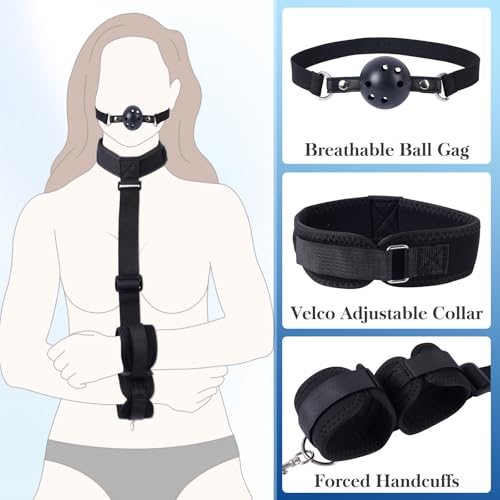 Image of BDSM Bondage Neck to Wrist Restraints Kit with Ball Gag, Couples Sex Toys Adjustable Collar Back Sex Handcuffs Wrist Cuffs, Bed SM Games Bondage Gear Accessories for Couples, Roleplay & Bedroom Fun