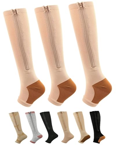 2 Pairs/3 Pairs Calf Knee High Zipper Compression Socks,15-20 mmHg Gradient Support,Open Toe Compression Stockings for Men Women,Suit for Running,Walking