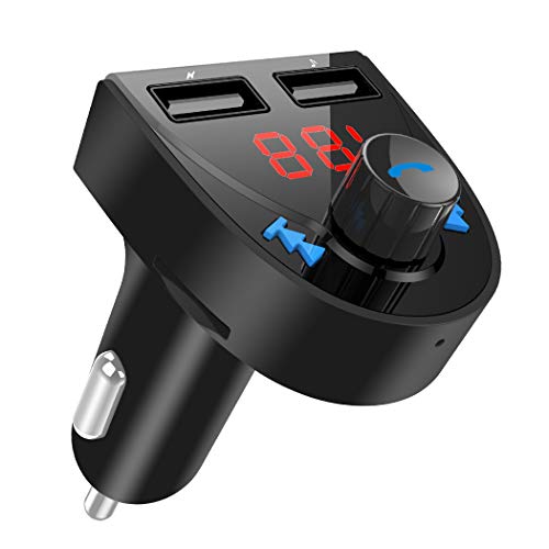 Transmisor FM Bluetooth Coche Manos Libres, Blufree Reproductor de MP3 Transmitter Adaptador con 5V/3.1A Cargador USB, Pantalla LED, Tarjeta TF, Carga Rápida para iPhone Samsung y más Smartphones