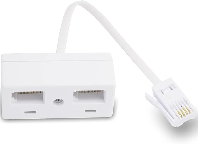 LRMYS One BT Plug to Two BT Sockets Splitter, UK Telephone RJ11 Male Plug to Double Female Socket Extender, for UK Landline Telephone FAX Modem Cable Adapter and Converter, White 1 Pack