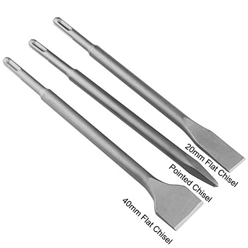 CertBuy 6-Piece SDS Plus Concrete Drill Bit Set - Rotary Hammer Bits Including Point Chisel, 20mm & 40mm Flat Chisels