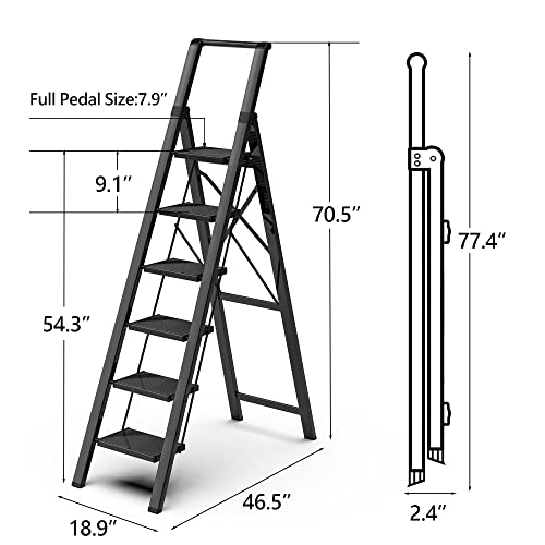 Soladder 6 Step Ladder, Folding Step Stool With Handgrip And Anti-Slip Wide Pedal, Portable Lightweight Aluminum Stepladder For Kitchen, Home, Library, Office (330 Lbs Capacity) - Black #TOP7