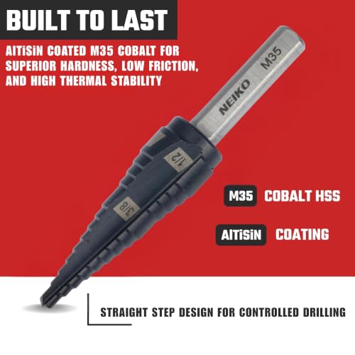 Image of NEIKO 10614B Step Drill Bit, 2 Steps 3 /8 inch to 1 /2 inch Straight M35 Cobalt, AlTiSiN Coated, 1 /4 inch Tri-Flat Step Bits for Steel, Metal, Wood, Plastic, Unibit Cone Drill Bits, Two Flute