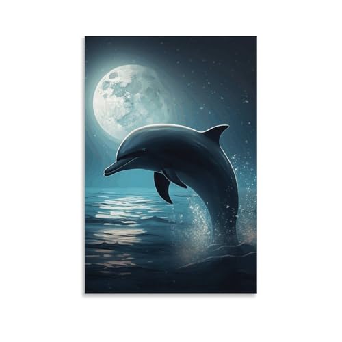 Toile moderne dauphin au clair de lune, decoration murale interieure chic