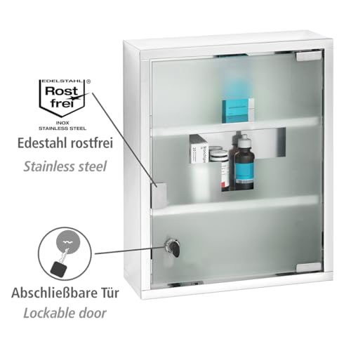 WENKO Medicine Cabinets with Lock, Wall Mounted Over The Toilet Storage Shelves, First Aid Bathroom Wall Cabinet with Safety Glass Door, Medium, 11.8 x 15.7 x 4.7 in, Silver Shiny by WENKO - Image 2