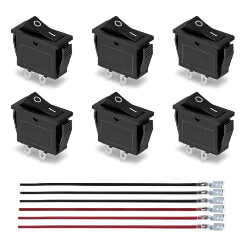 Image of Toggle Switch, 6PCS Rocker Switch with 12PCS 4.8mm x 15cm Terminal Wires, 15A 250V/20A 125V 2 Pin On/Off Mini Switches with Flame Retardant Cover, Black Switches for Household Appliances