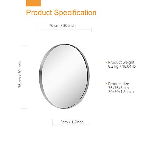 Kaasunes 30-Inch Circle Mirro Brushed Nickel Silver Wall Mounted Round Mirror, Glass Panel Circle Deep Set Design Stainless Steel Framed Mirror For Bathroom Vanity, Entryways, Living Rooms #TOP5