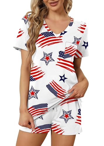 Image of RUBZOOF Women's Short Sleeve Pajama Sets with Pockets Casual V Neck 2 Piece Lounge Sets S-3XL