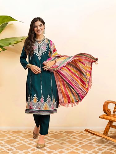 Image of ishin Women Yoke Design Ethnic motifs teal straight kurta with solid pants and dupatta