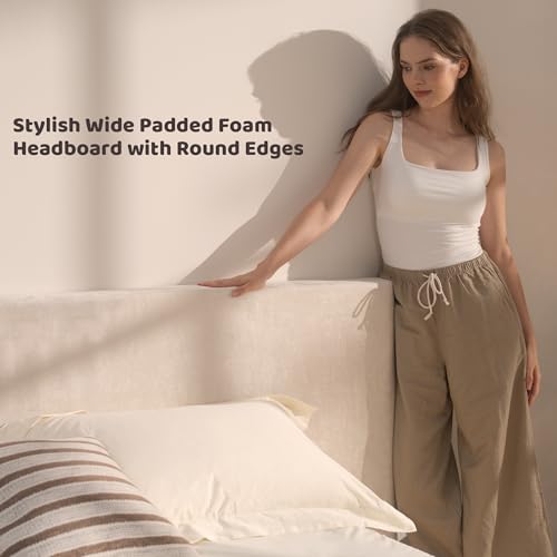 Image of RECCI AirFrame Cloud Upholstered Bed Frame with Extra Wide Headboard, 5 Inch Foam Fully Cushioned Platform, Easy Assembly, No Box Spring Needed (Beige, California King)