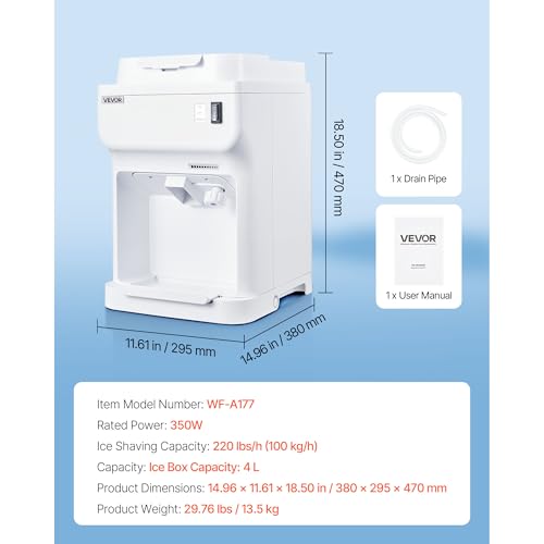 Image of VEVOR Ice Shaver Machine Electric Snow Cone Machine, 265 LBS /H Shaved Ice Machine 250W Ice Crusher Triple Blades Tabletop Shaved Ice Maker with Adjustable Fineness for Home and Commercial Use