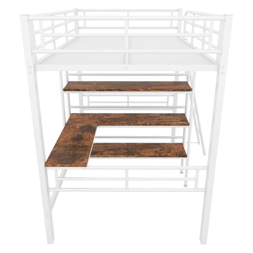 VIVCA Cama alta 90 x 200 cm, sin colchón, cama con escritorio, varios estantes, barandilla, escalera, marco de hierro, blanco