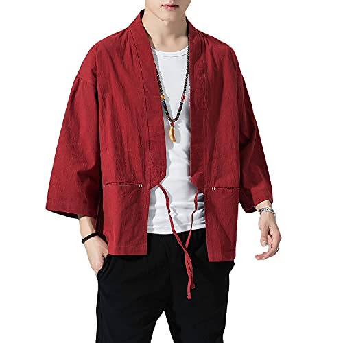 Image of PRIJOUHE Men's Kimono Jackets Cardigan Lightweight Casual Cotton Blends Linen Seven Sleeves Open Front Coat Outwear