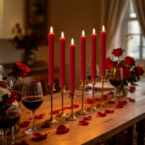 Image of Wondise Flameless Taper Candles with Timer, 6 Pack Battery Operated LED Flickering Real Wax Red Candle for Christmas Wedding Dinner Decorations